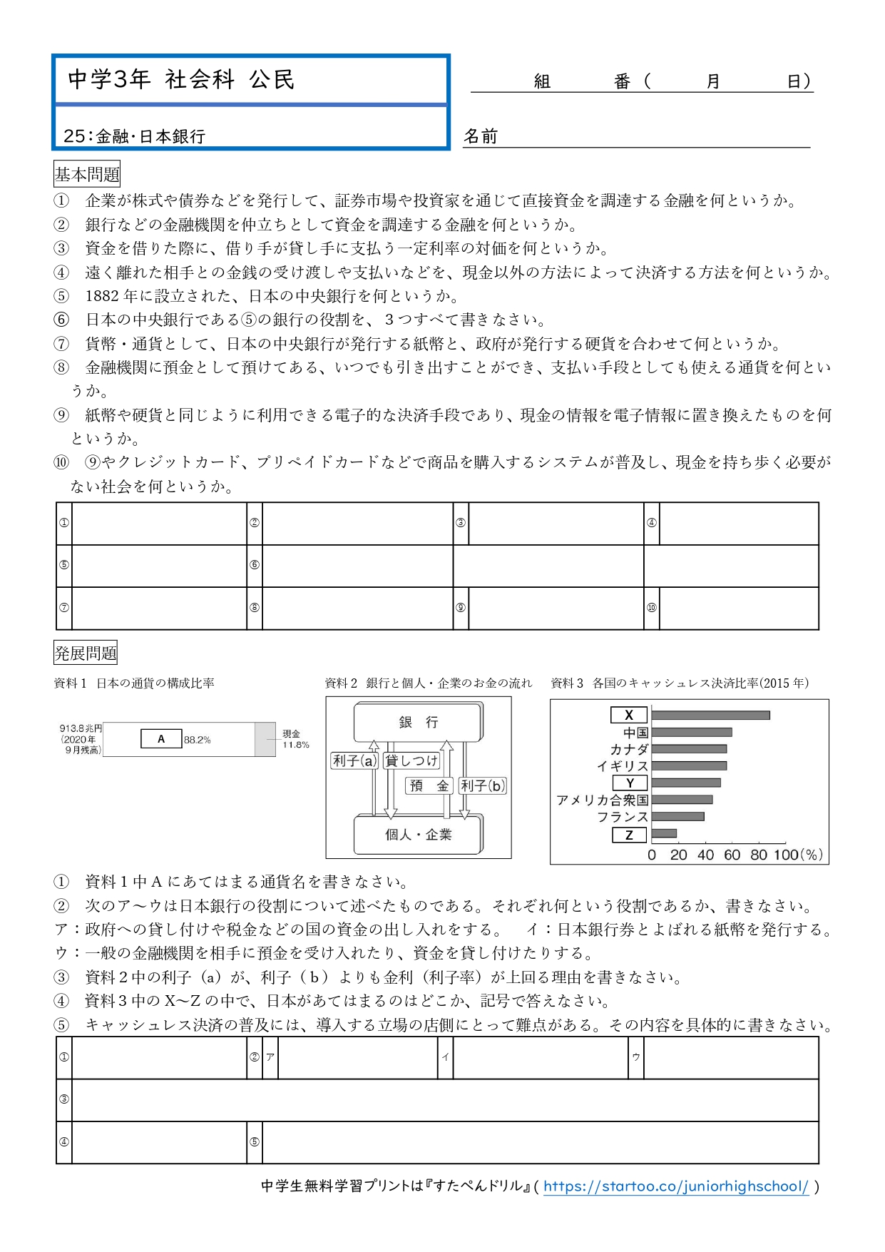 中3社会・公民「金融・日本銀行」プリント無料ダウンロード・印刷